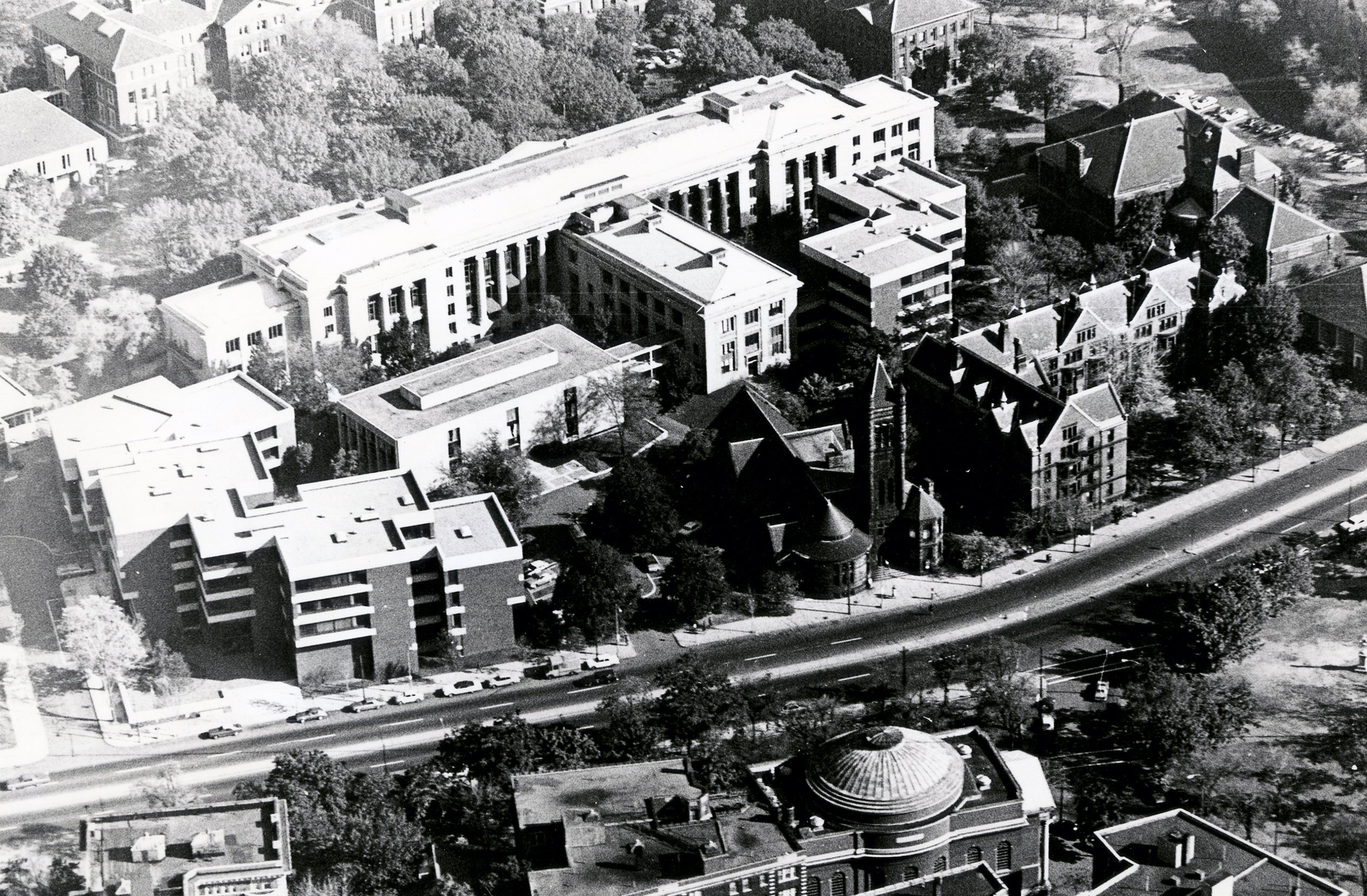 Aerial view of Harvard Law School campus in 1970s.