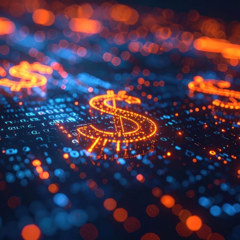 Digital dollar signs glowing in orange and blue data.