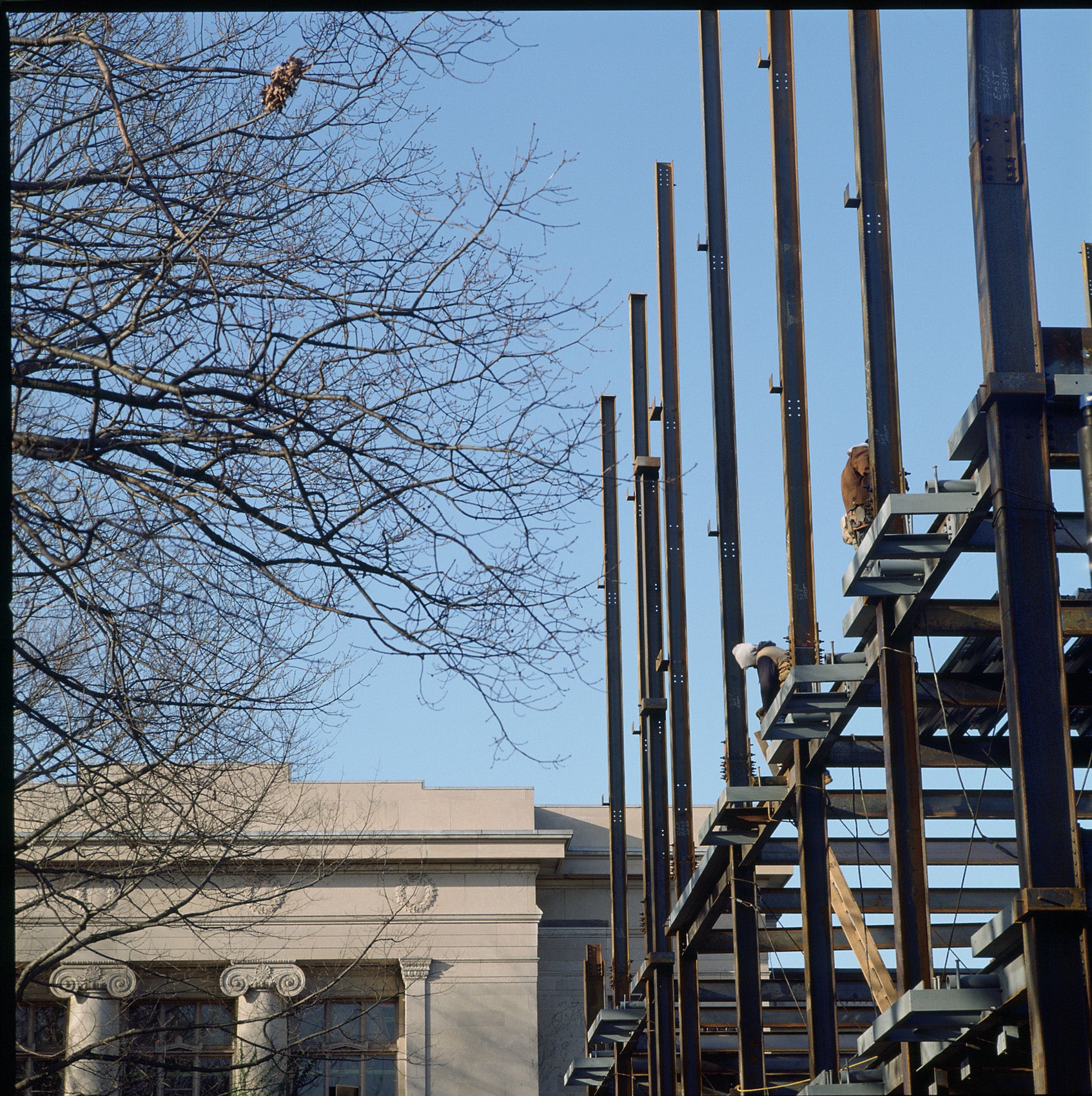 A view of the steel beam of a building under construction.