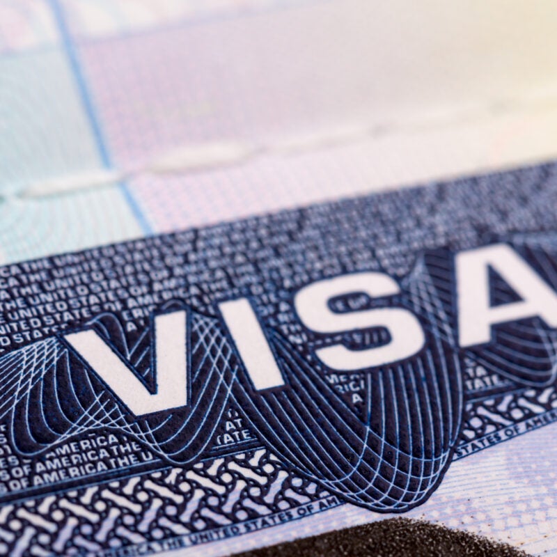 Closeup of US visa in passport