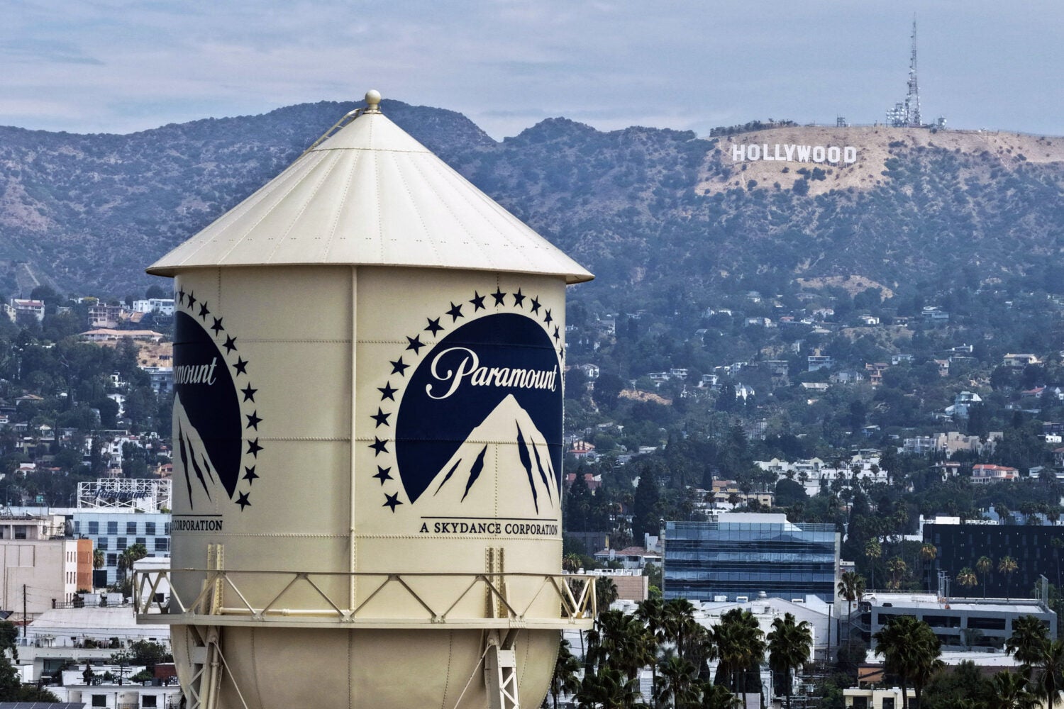 Paramount logo on a water tower.