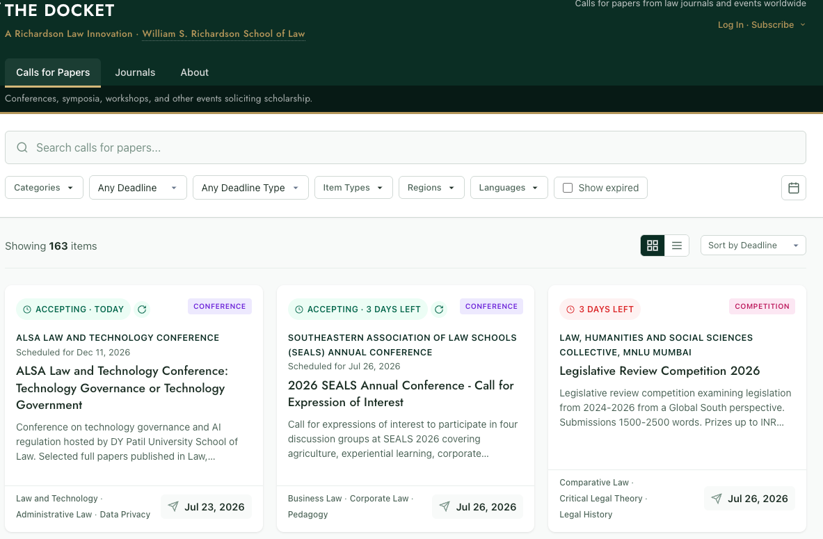 The Docket website interface showing a grid of calls for papers, with search and filtering options and listings for upcoming law conferences and competitions.