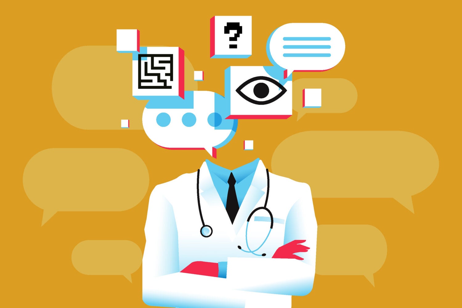 Illustration of a chatbot doctor with text bubbles and graphic elements.