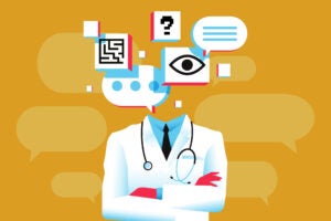 Illustration of a chatbot doctor with text bubbles and graphic elements.