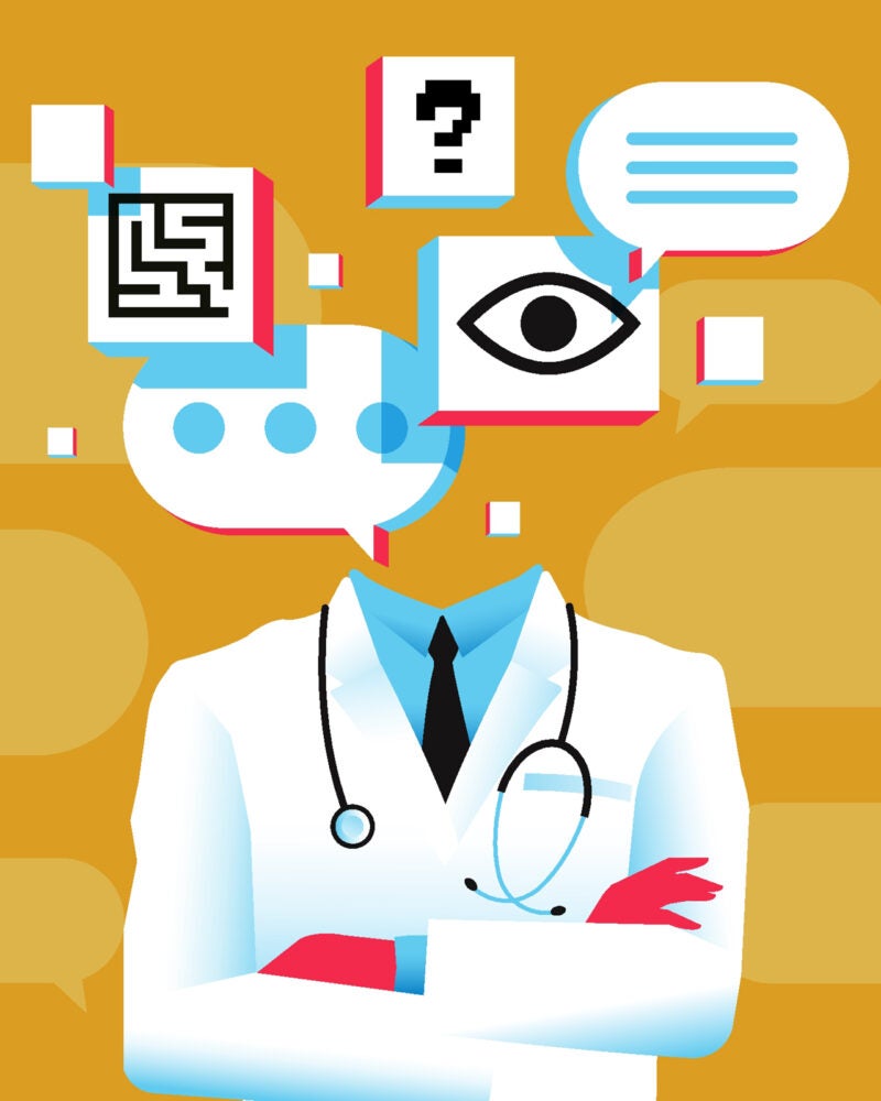 Illustration of a chatbot doctor with text bubbles and graphic elements.