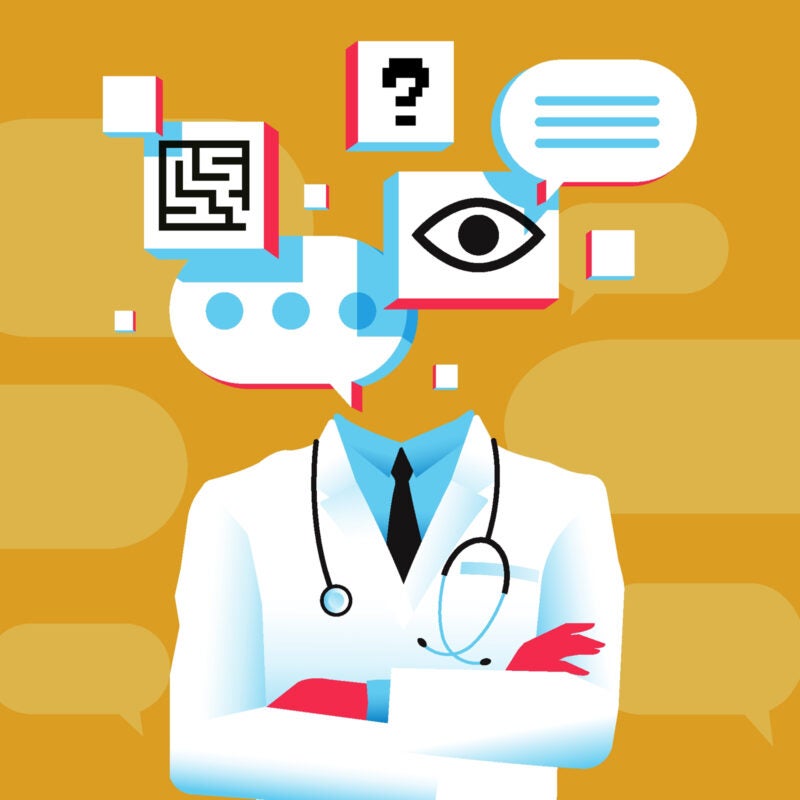 Illustration of a chatbot doctor with text bubbles and graphic elements.
