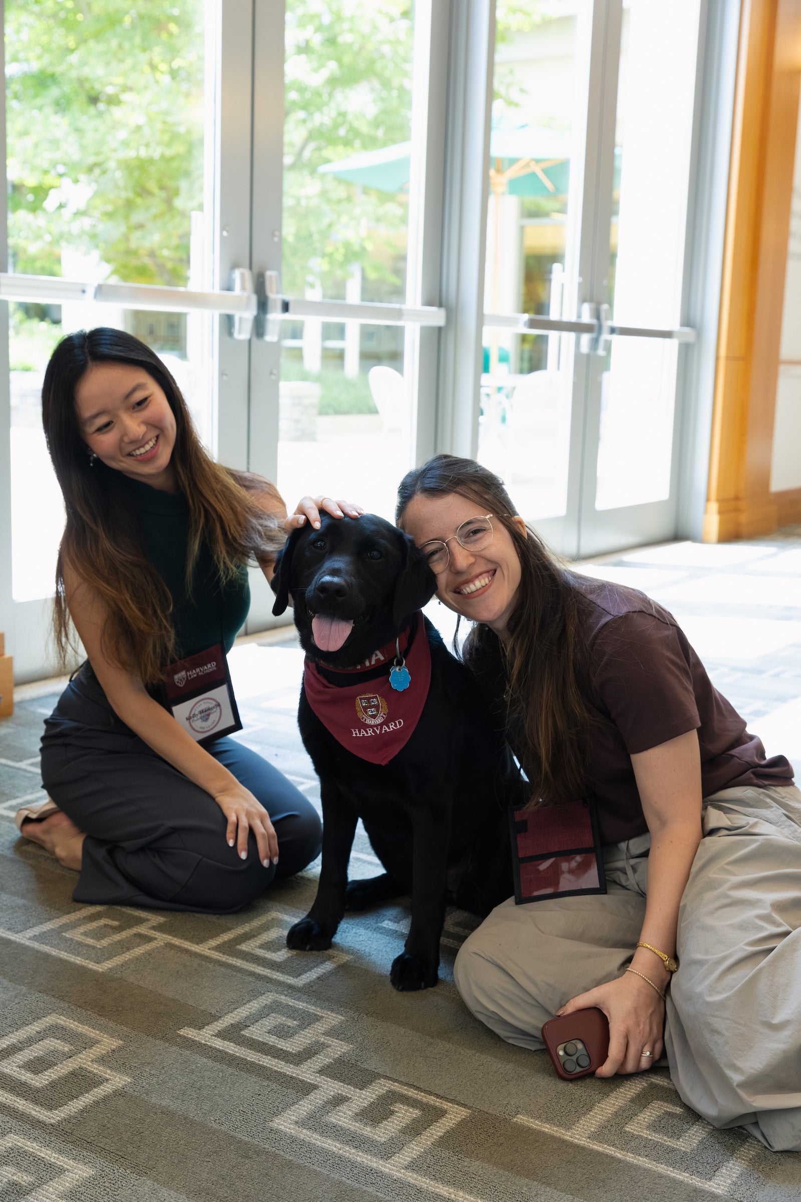 Two students and a black dog wearing a Harvard bandana are smiling together while sitting on a patterned floor near large windows.