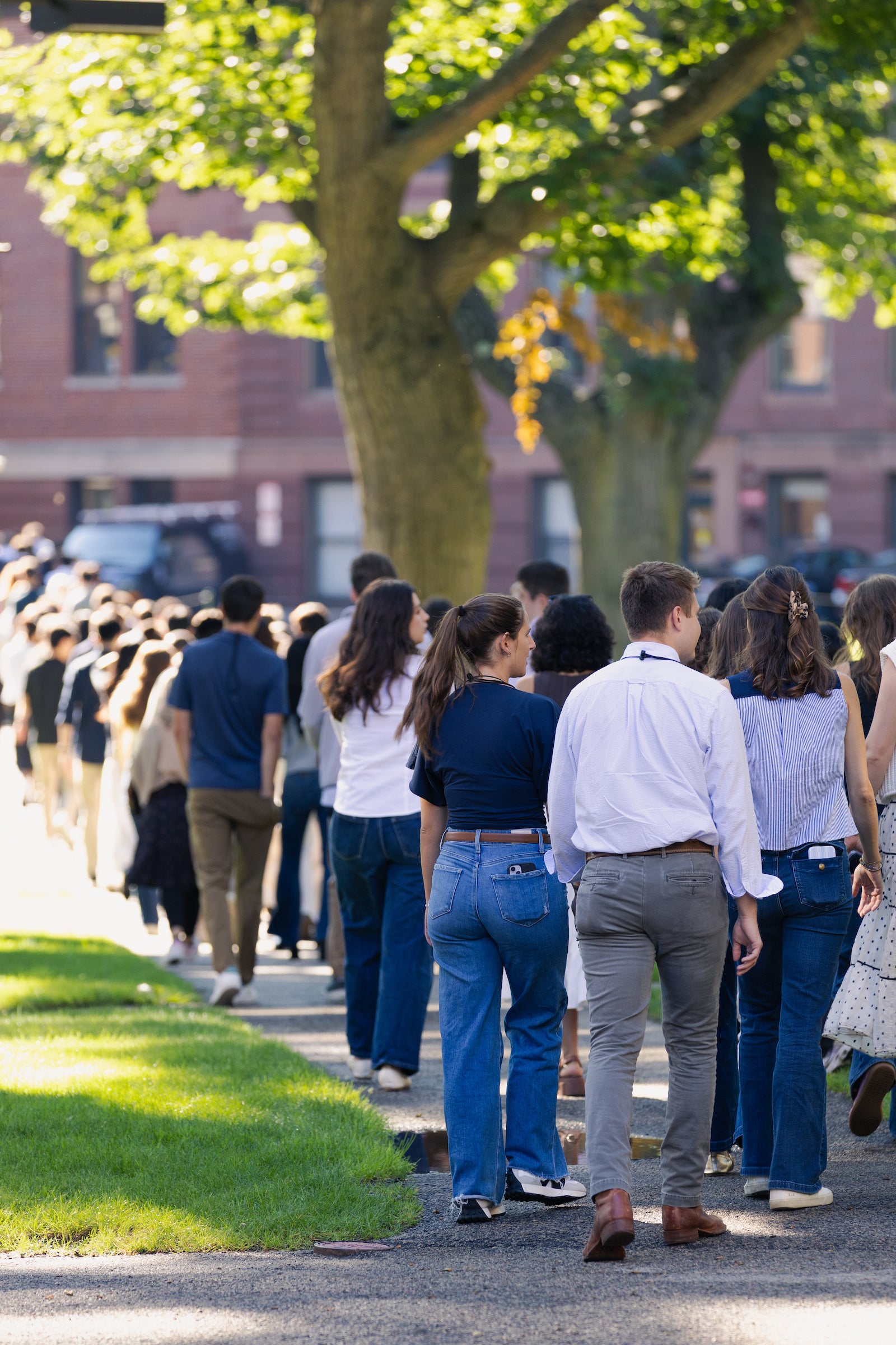 A group of students walk along a tree-lined path on a sunny day, with a brick building visible in the background.
