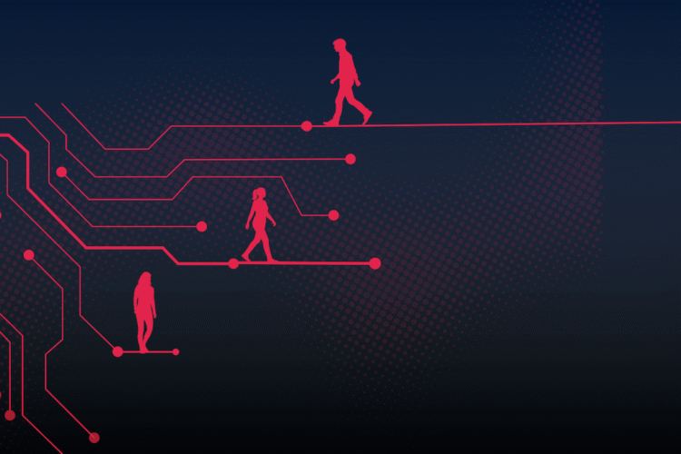 Illustration of people walking across circuit board.