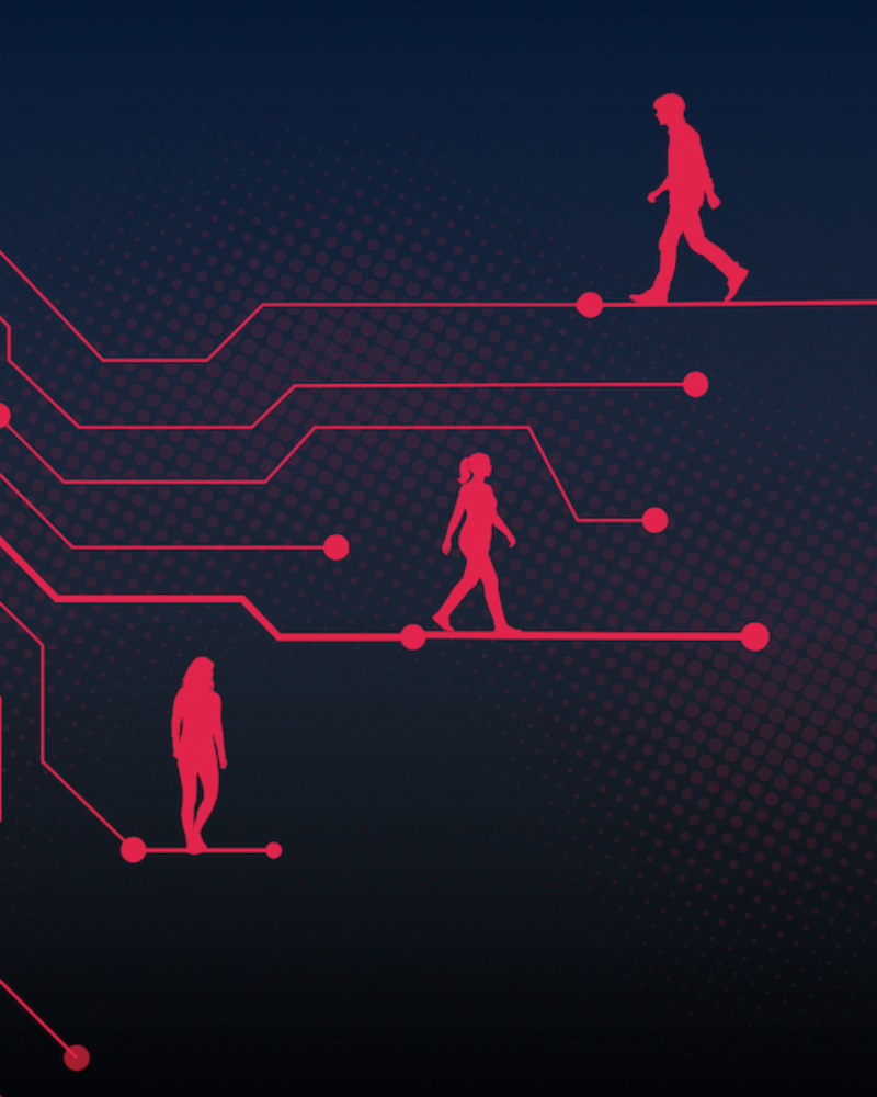 Illustration of people walking across circuit board.