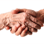Wrinkled hand holding younger hand.