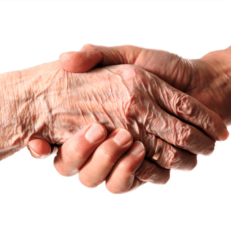 Wrinkled hand holding younger hand.