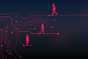 Illustration of people walking across circuit board.