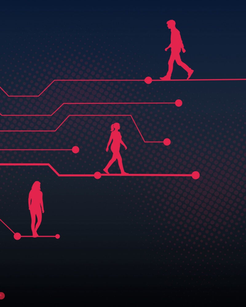Illustration of people walking across circuit board.