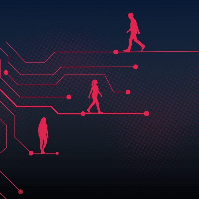 Illustration of people walking across circuit board.