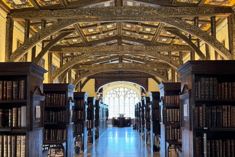 Long view of a library with ornate vaulted ceiling, bookcases on both sides, and a bright window in the distance.