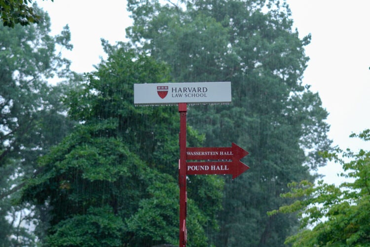 An outdoor sign reading Harvard Law School and directing to several buildings. Green foliage is in the background.