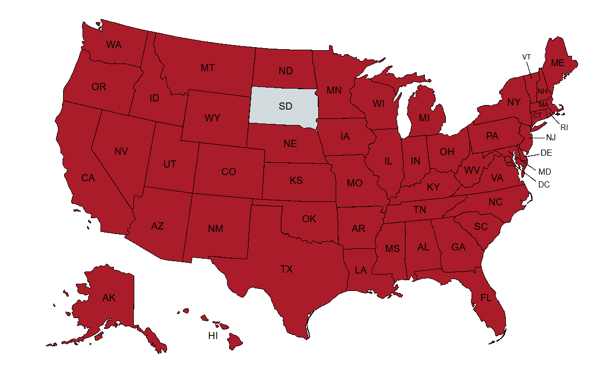 United States map with all states shaded in crimson except South Dakota