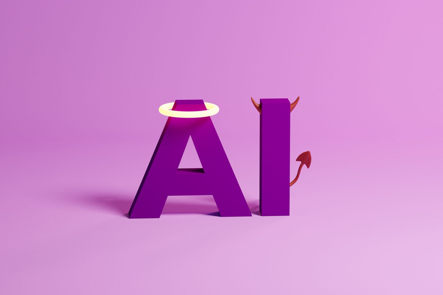 Illustration of the letters AI, one representing an angel and the other a devil.
