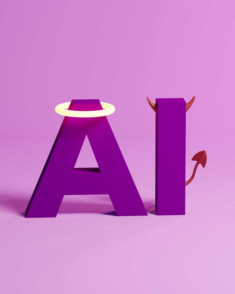 Illustration of the letters AI, one representing an angel and the other a devil.