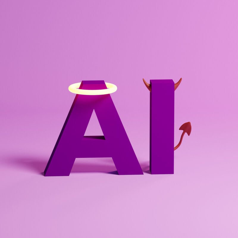 Illustration of the letters AI, one representing an angel and the other a devil.