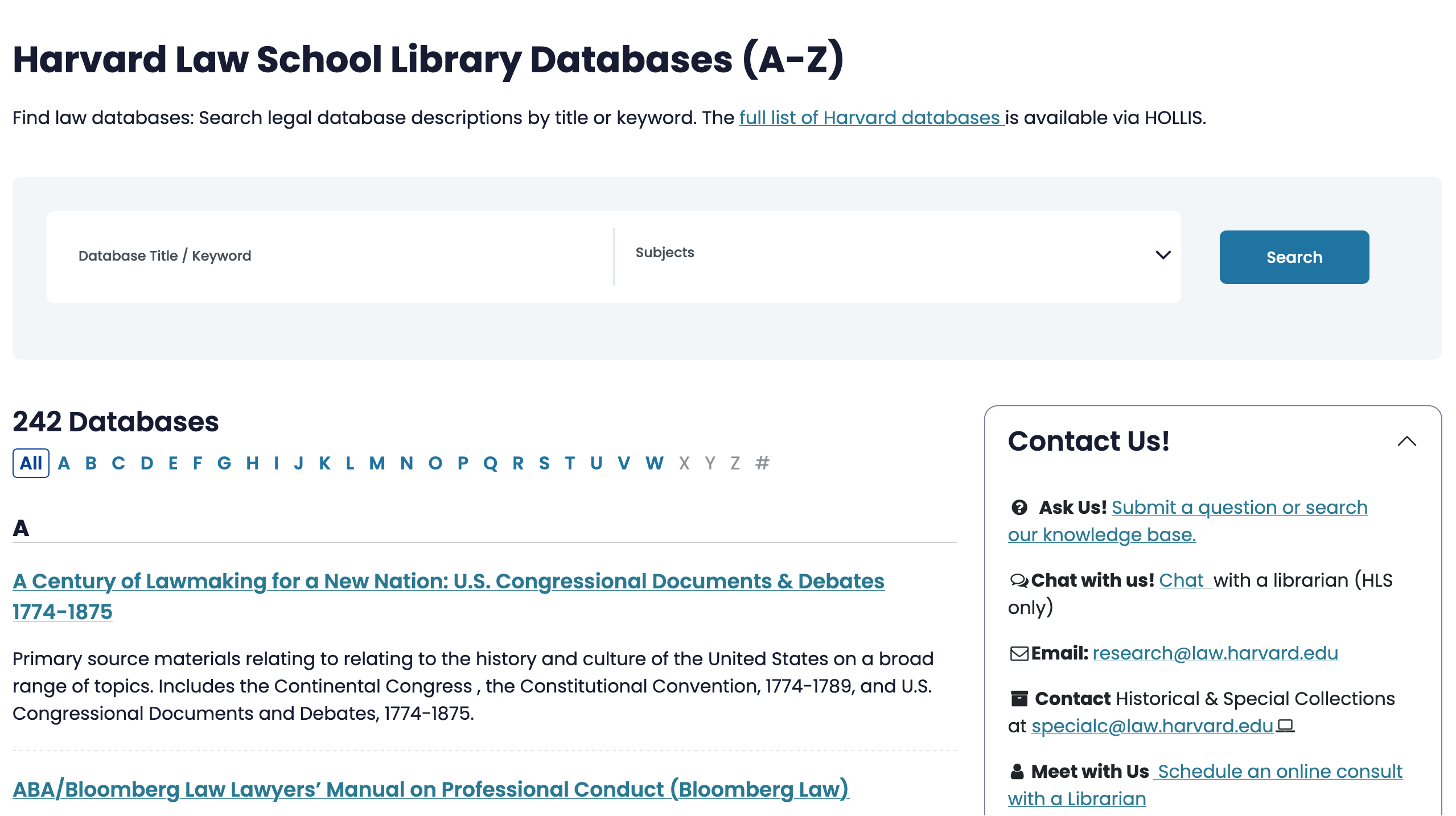 Screenshot of an A to Z list of legal databases available at Harvard. The list features a search bar, a filter for subjects, and contact information of HLS Library support.