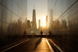 View from the Empty Sky 9/11 Memorial in Jersey City, New Jersey at sunrise.