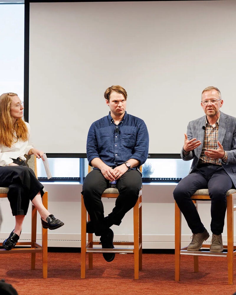 Host Moira Weigel (from left) with panelists Jackson Kernion of Anthropic and Ken Archer of Microsoft.