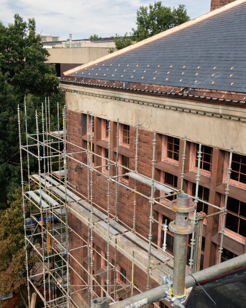 Austin Hall with scaffolding around the exterior.