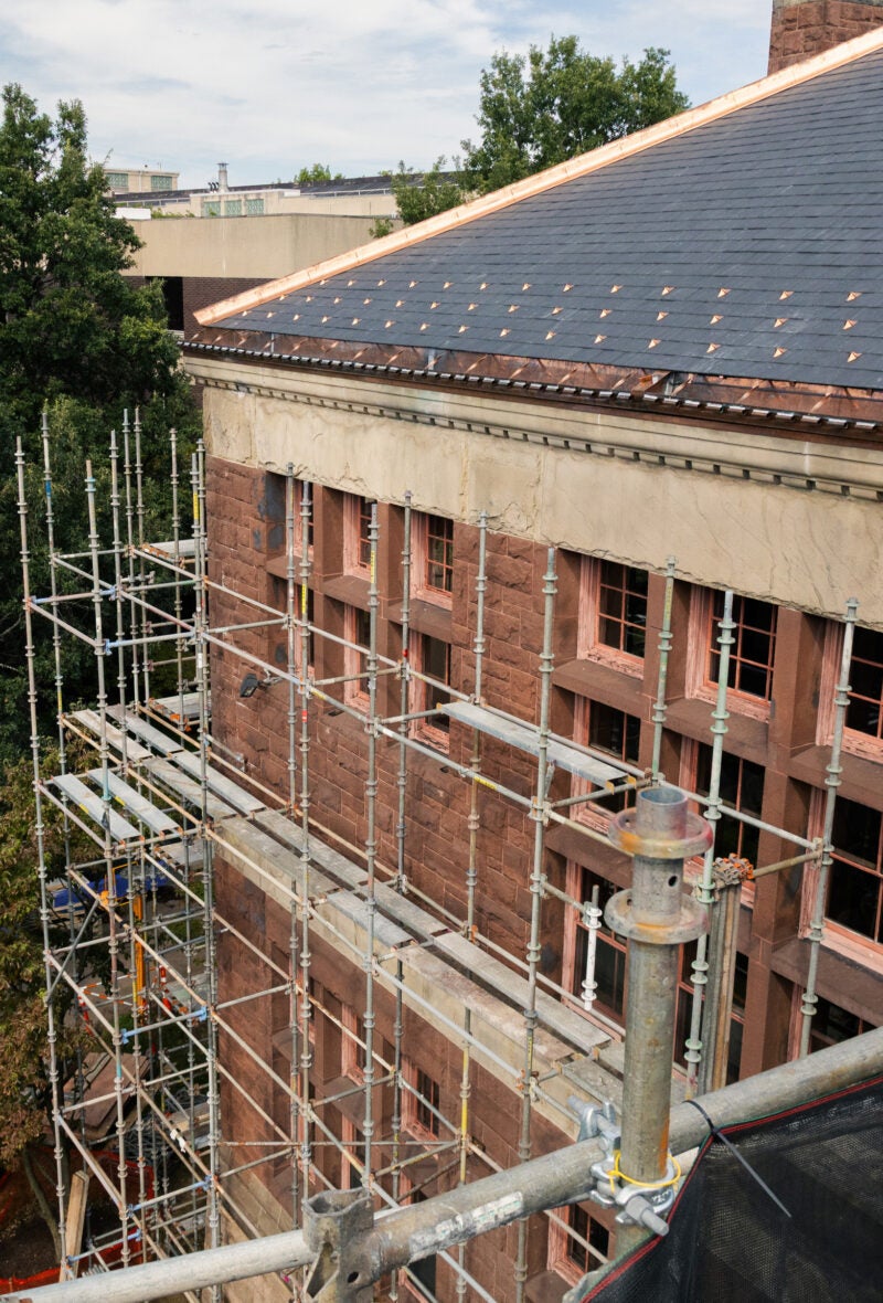 Austin Hall with scaffolding around the exterior.