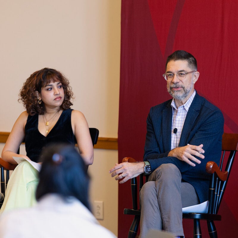 Arnaaz Ameer and Chris Bavitz at faculty perspectives on well-being panel.