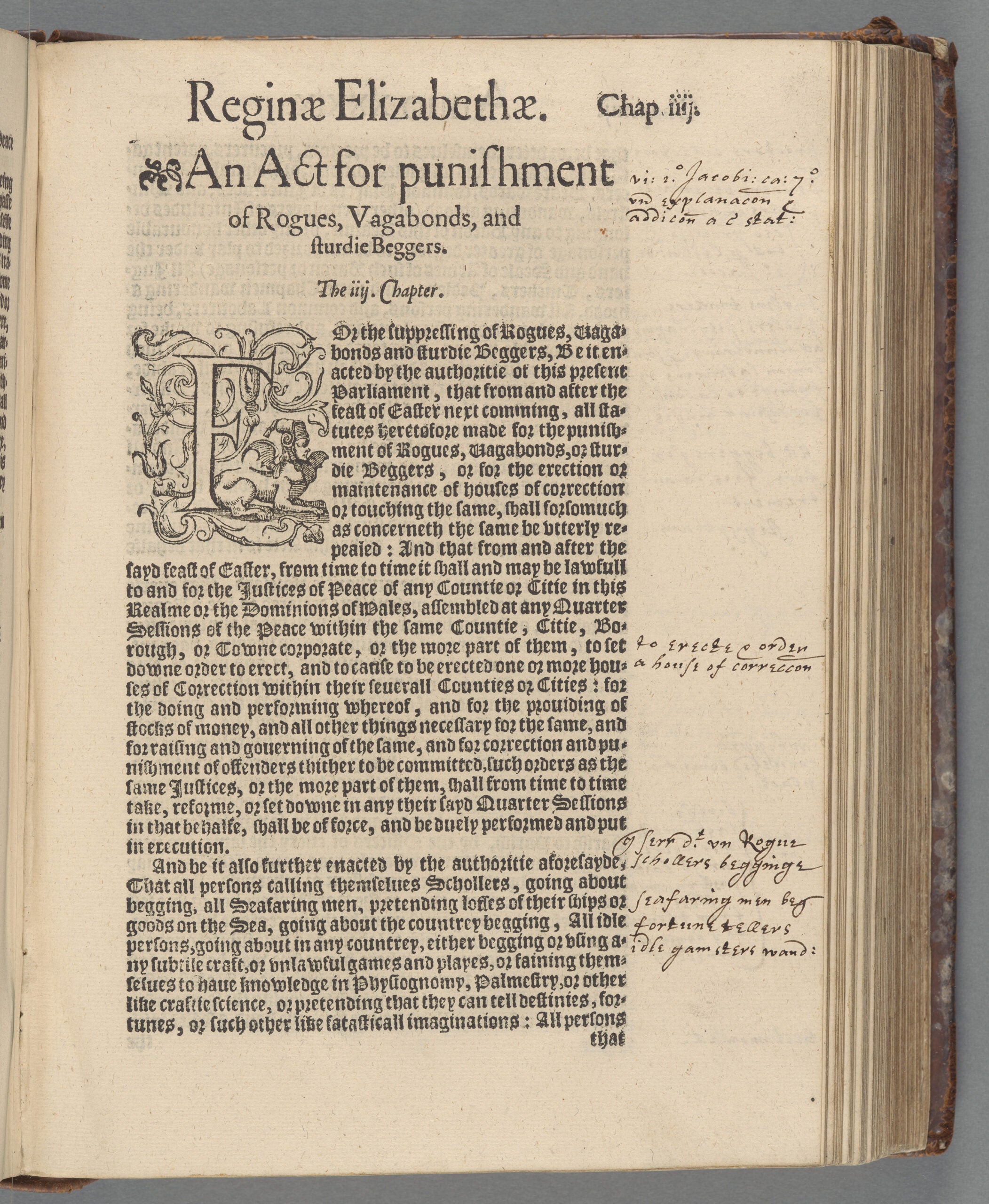 Printed text of page one of law entitled the 1597 Act for the Punishment of Rogues, Vagabonds, and sturdie Beggers.