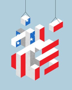 Illustration: Blocks in the colors of the U.S. flag are being moved around.