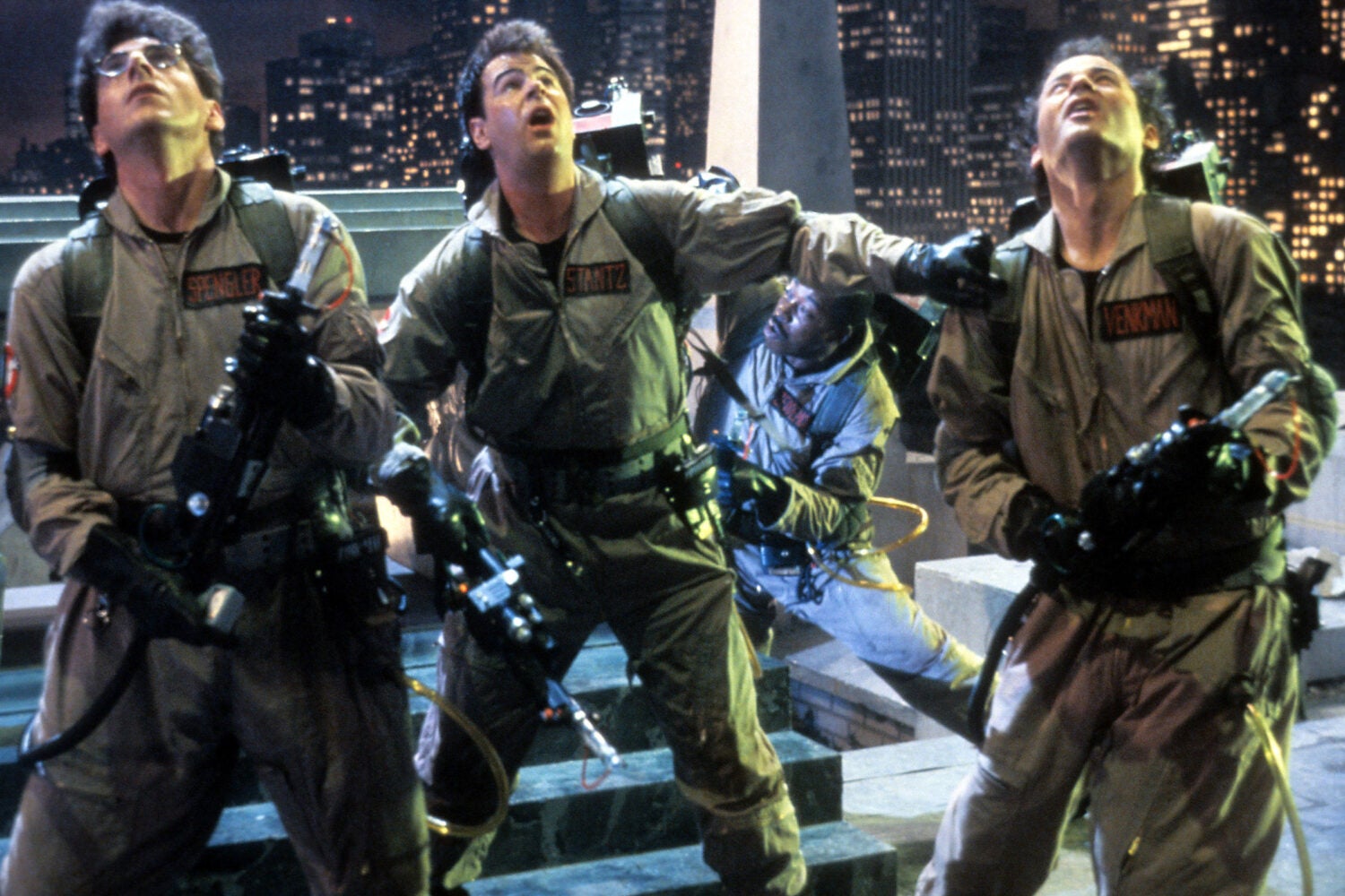 Harold Ramis, Dan Aykroyd, Ernie Hudson, and Bill Murray in a scene from the movie 'Ghostbusters'.