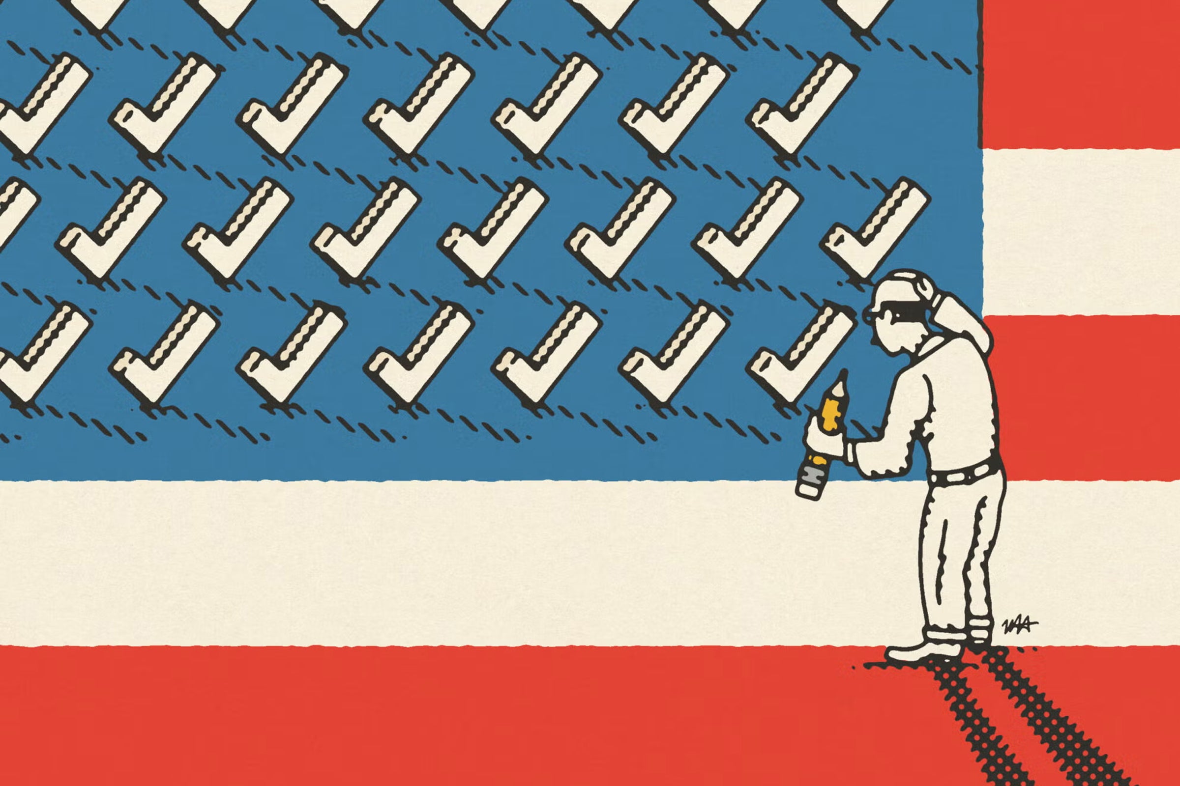 Illustration of a man examining an American Flag with check marks on it.