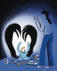 Illustration: Child sitting on the floor covered with toys. A black shadow with arms in the background as mother with cell phone takes photo.