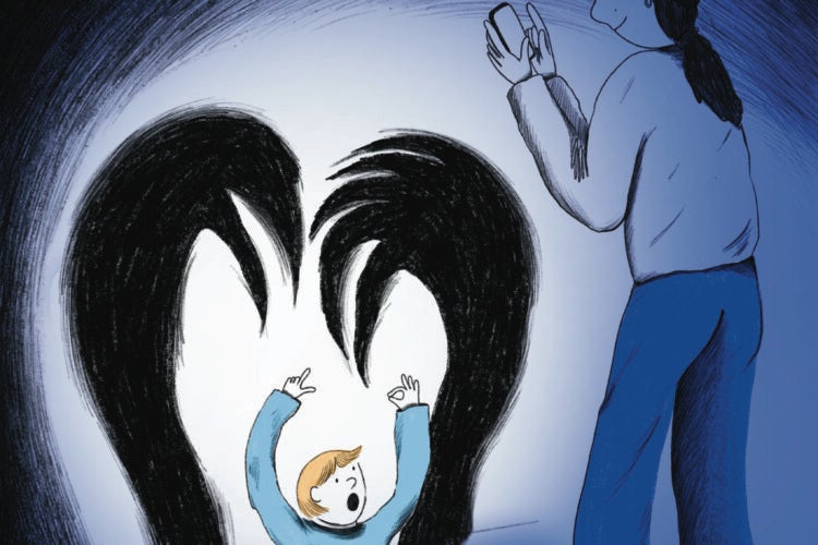 Illustration: Child sitting on the floor covered with toys. A black shadow with arms in the background as mother with cell phone takes photo.