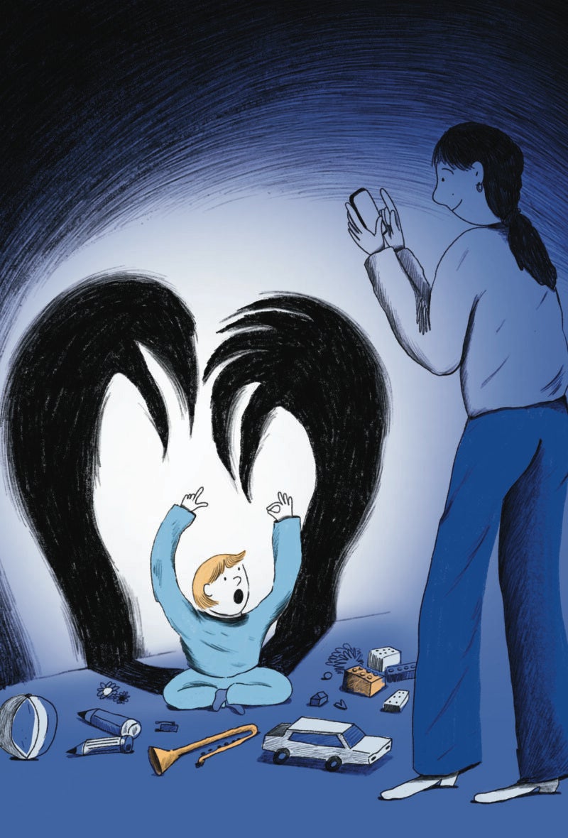 Illustration: Child sitting on the floor covered with toys. A black shadow with arms in the background as mother with cell phone takes photo.