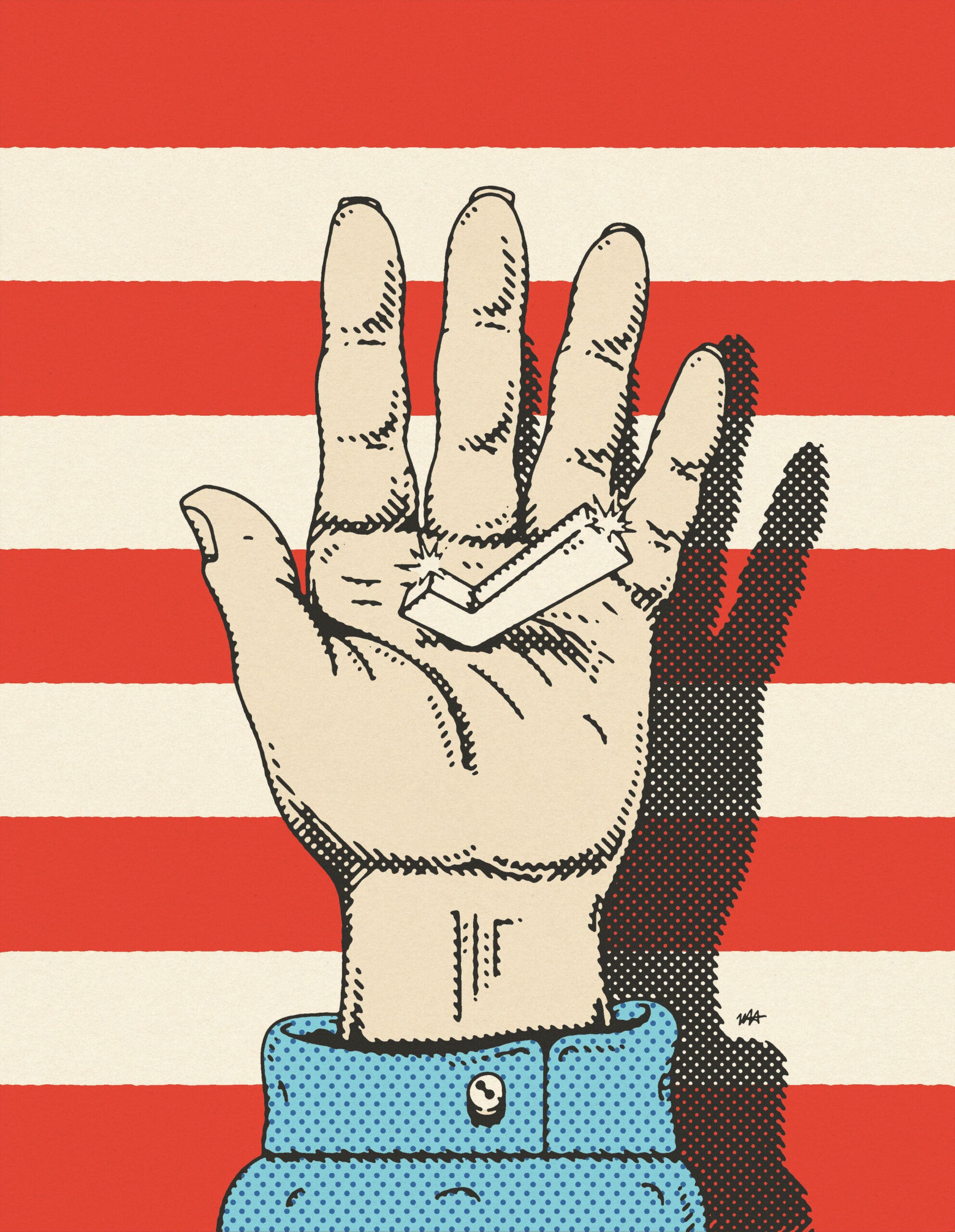 Illustration: A hand in with a check mark in the middle on a background of red and white.