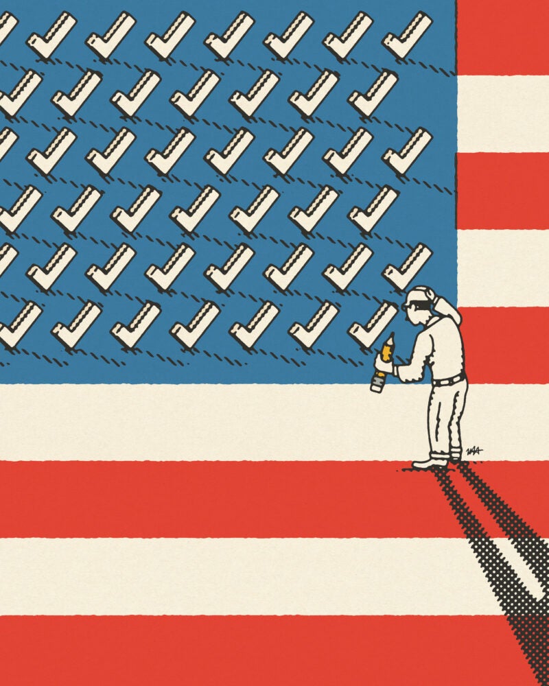 Illustration: A man holding a pencil in the right hand corner of a field of check marks in the star field of the U.S. flag.