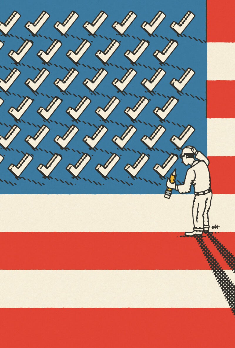 Illustration: A man holding a pencil in the right hand corner of a field of check marks in the star field of the U.S. flag.