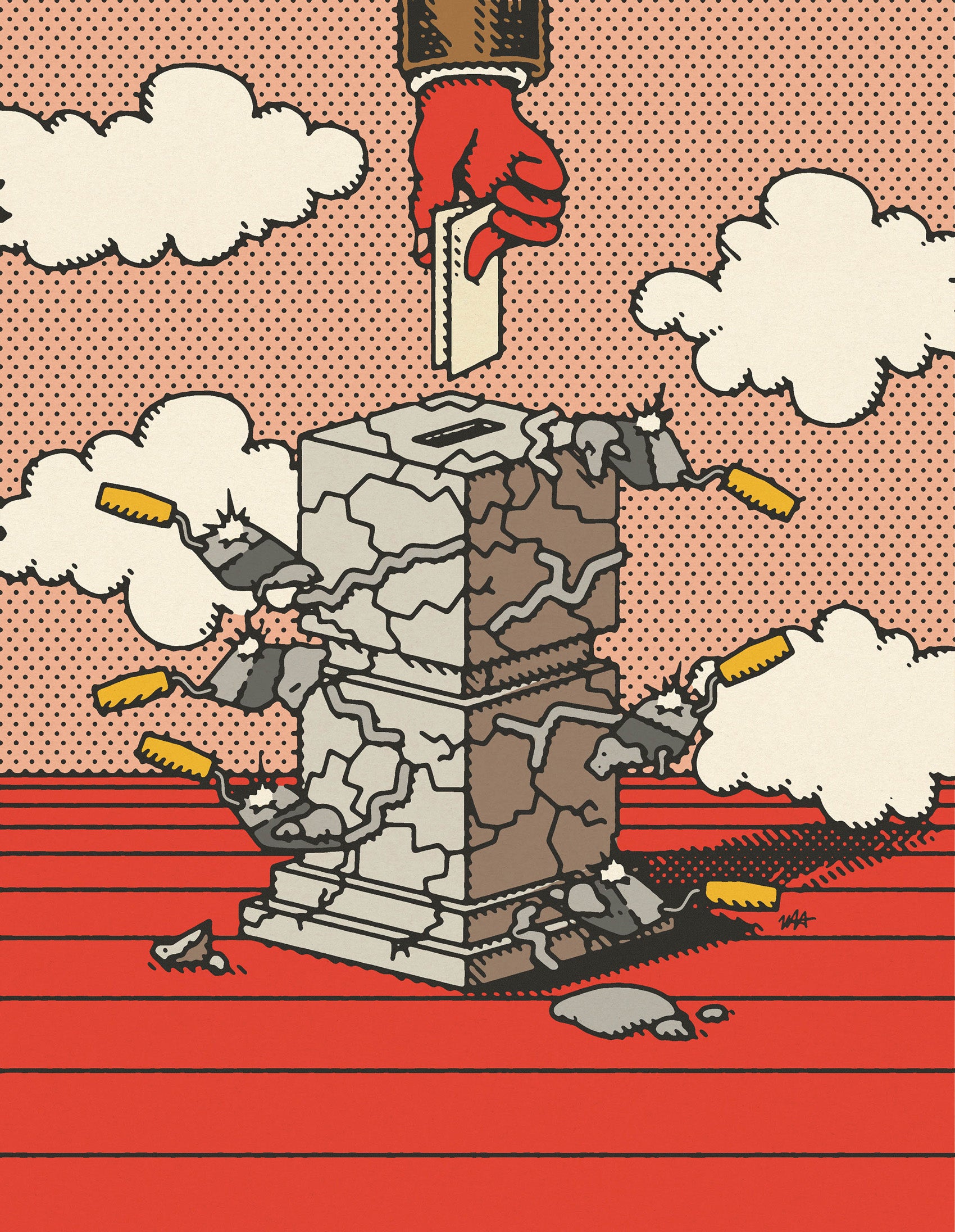 Illustration:A hand reached A cracked ballot box being repaired.