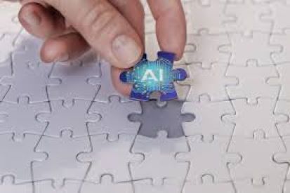 Blank white puzzle with one piece missing w/ a hand hovering over with the missing piece which is blue and says AI