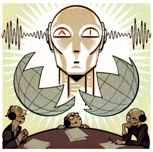 Illustration: A large robot like head on a screen speaks as three people sitting at a table observe.