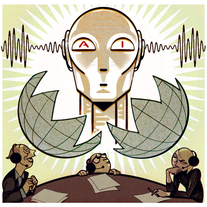 Illustration: A large robot like head on a screen speaks as three people sitting at a table observe.