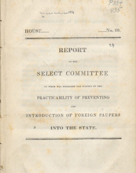 Title page of 1835 Massachusetts report on foreign paupers. 