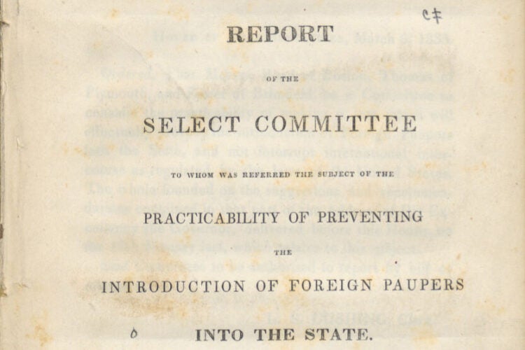 Title page of 1835 Massachusetts report on foreign paupers. 