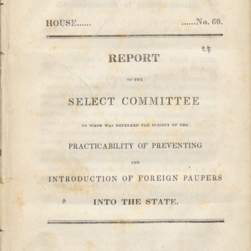 Title page of 1835 Massachusetts report on foreign paupers. 