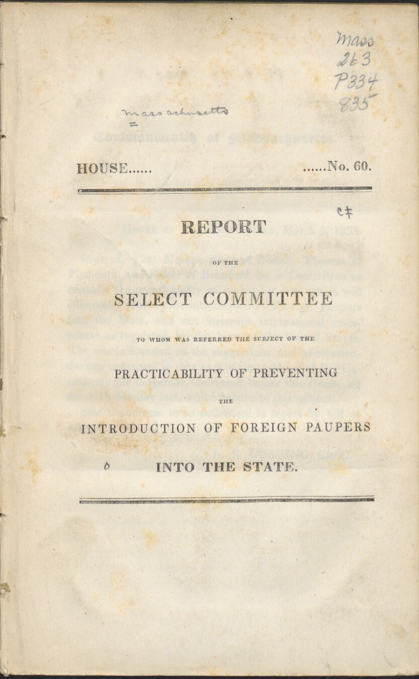 Title page of 1835 Massachusetts report on foreign paupers. 