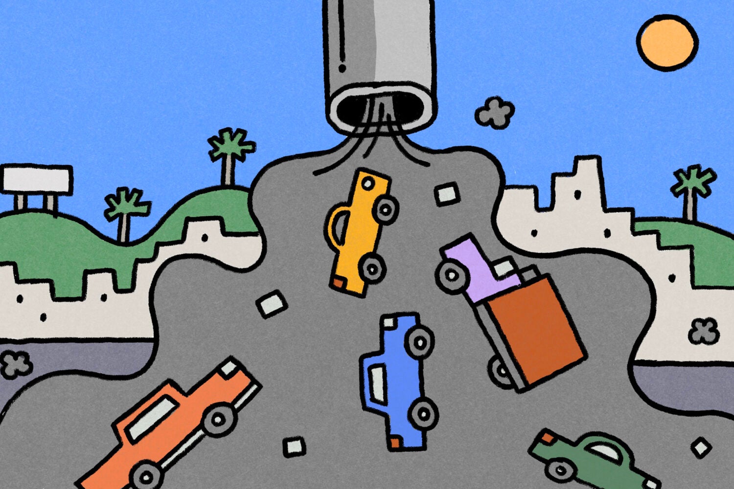 Illustration. Trucks spilling out into smog on a sunny day.